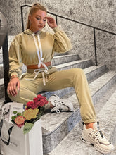 Load image into Gallery viewer, Two-Tone Drawstring Cropped Hoodie and Joggers Set
