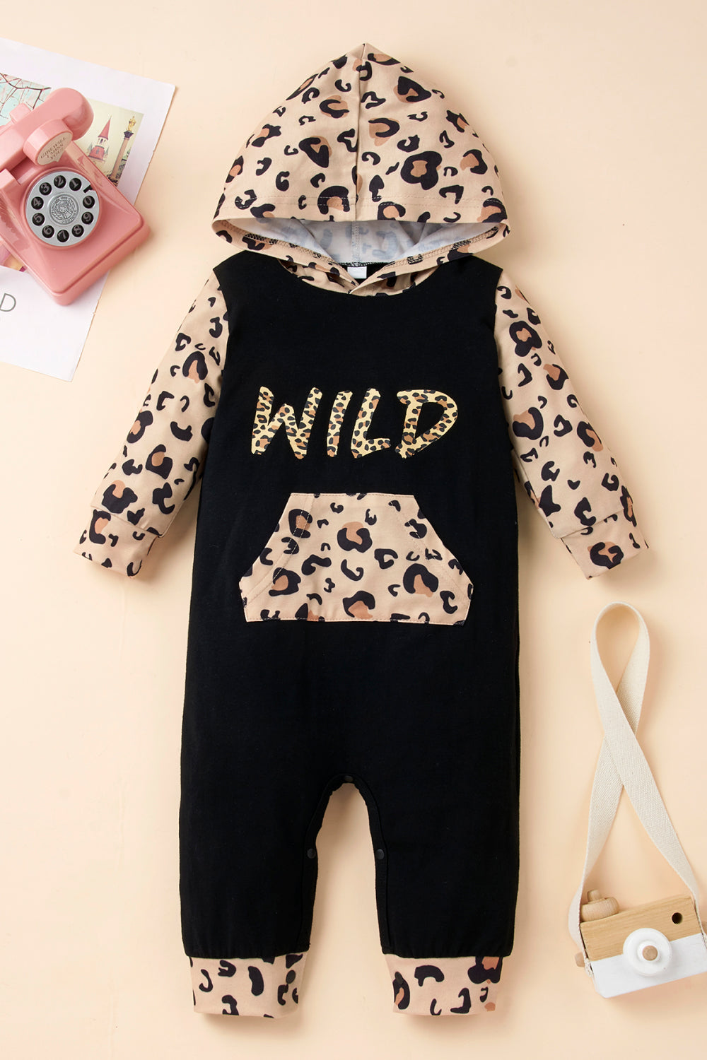 Girls Leopard Graphic Contrast Hooded Jumpsuit