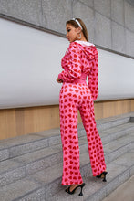 Load image into Gallery viewer, Heart Print Velour Zip Up Cropped Jacket and Pants Set
