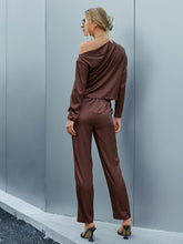 Load image into Gallery viewer, Ruched Asymmetrical Neck Top and Pants Set
